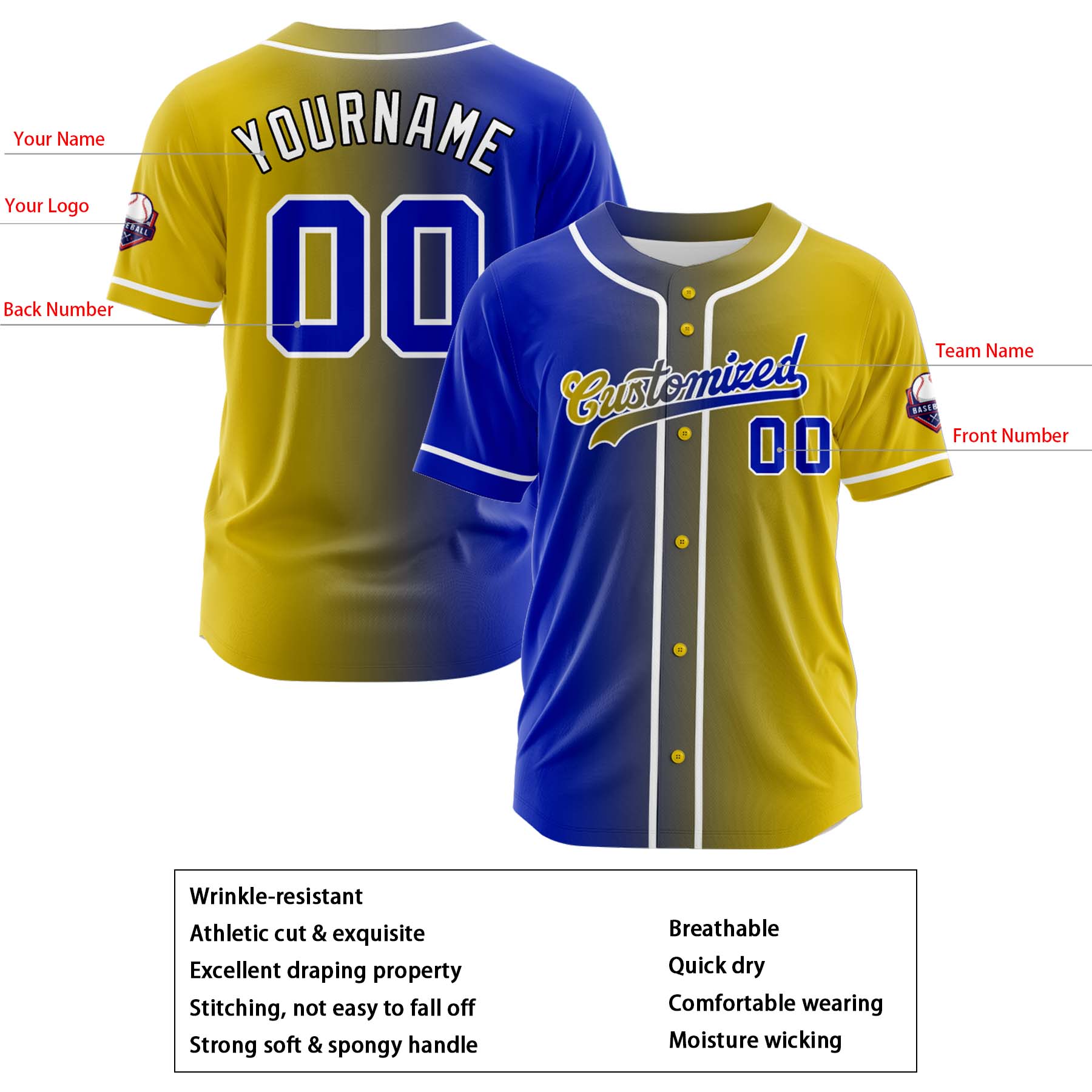 Custom Blue Gold Gradient Fashion Design Full Button Authentic Baseball Jersey