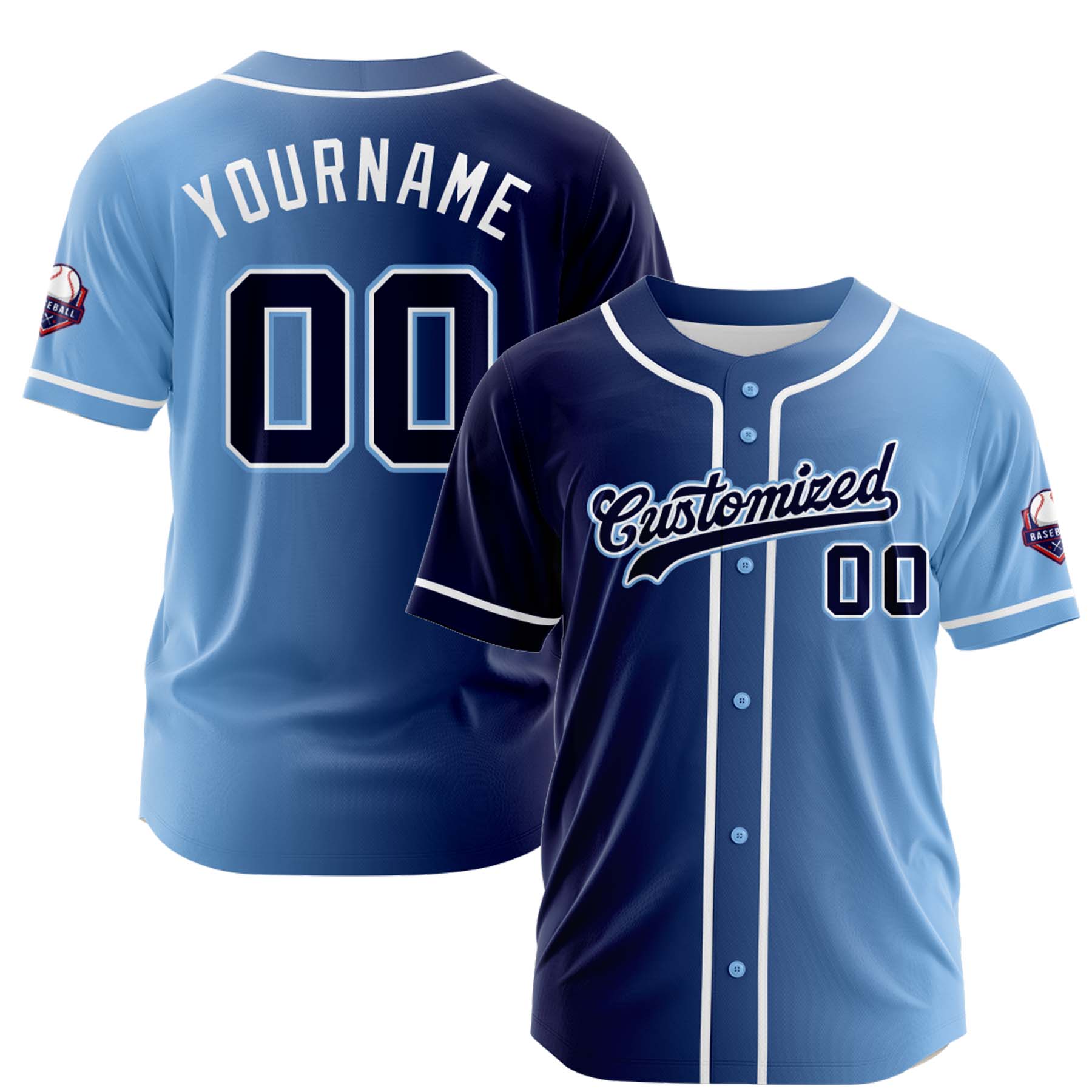 Custom Navy Light Blue Gradient Fashion Design Full Button Authentic Baseball Jersey