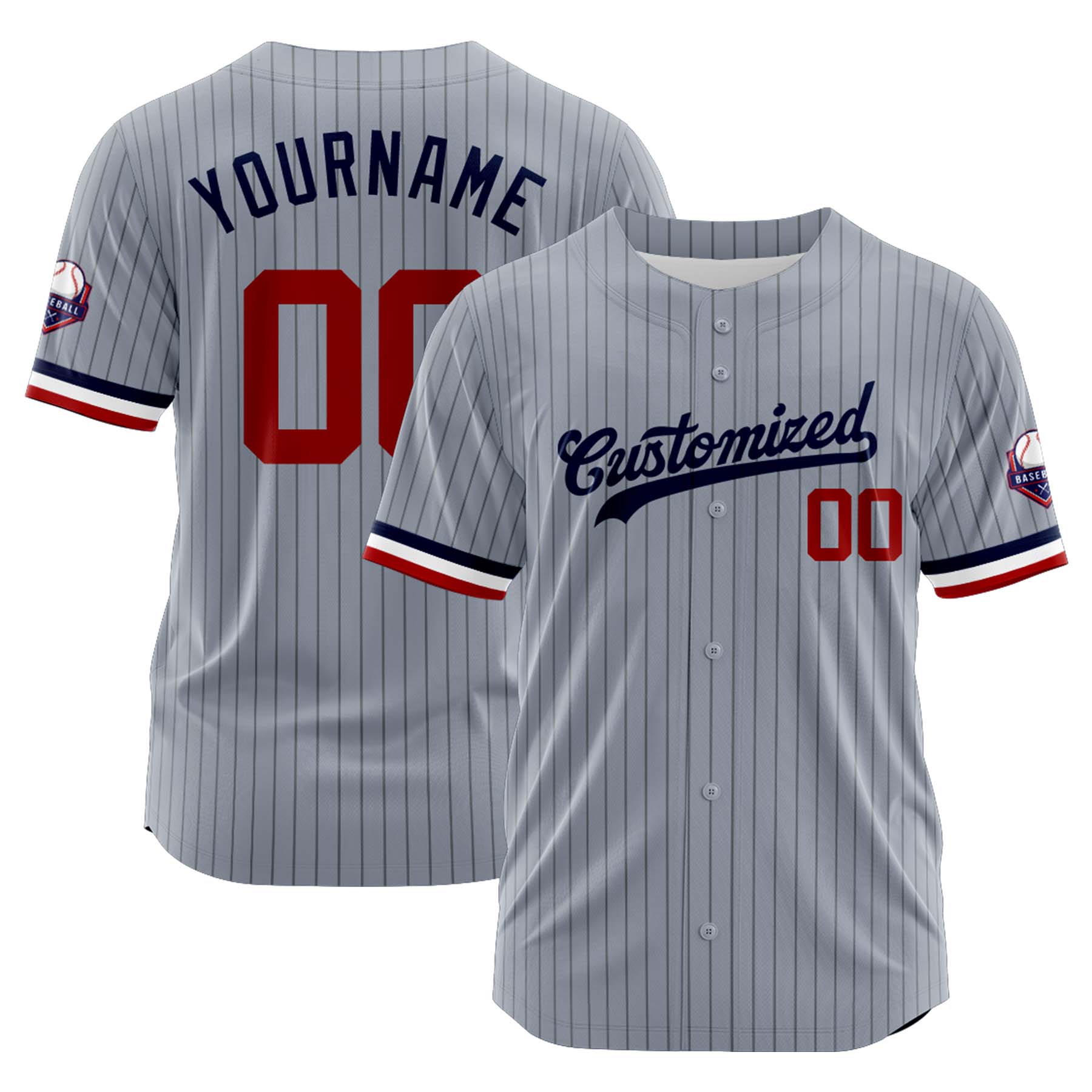 Custom Personalized Gray Navy Stripe Fashion Design Full Button Authentic Baseball Jersey