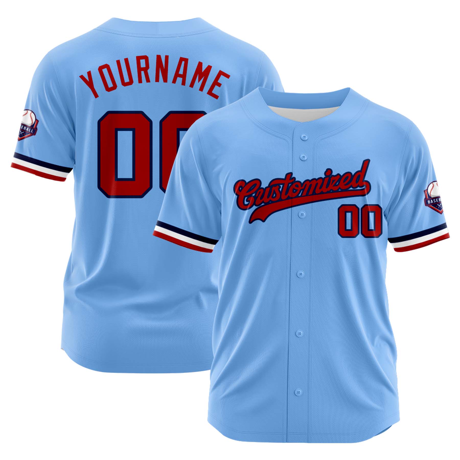 Custom Personalized Light Blue Red Fashion Design Full Button Authentic Baseball Jersey
