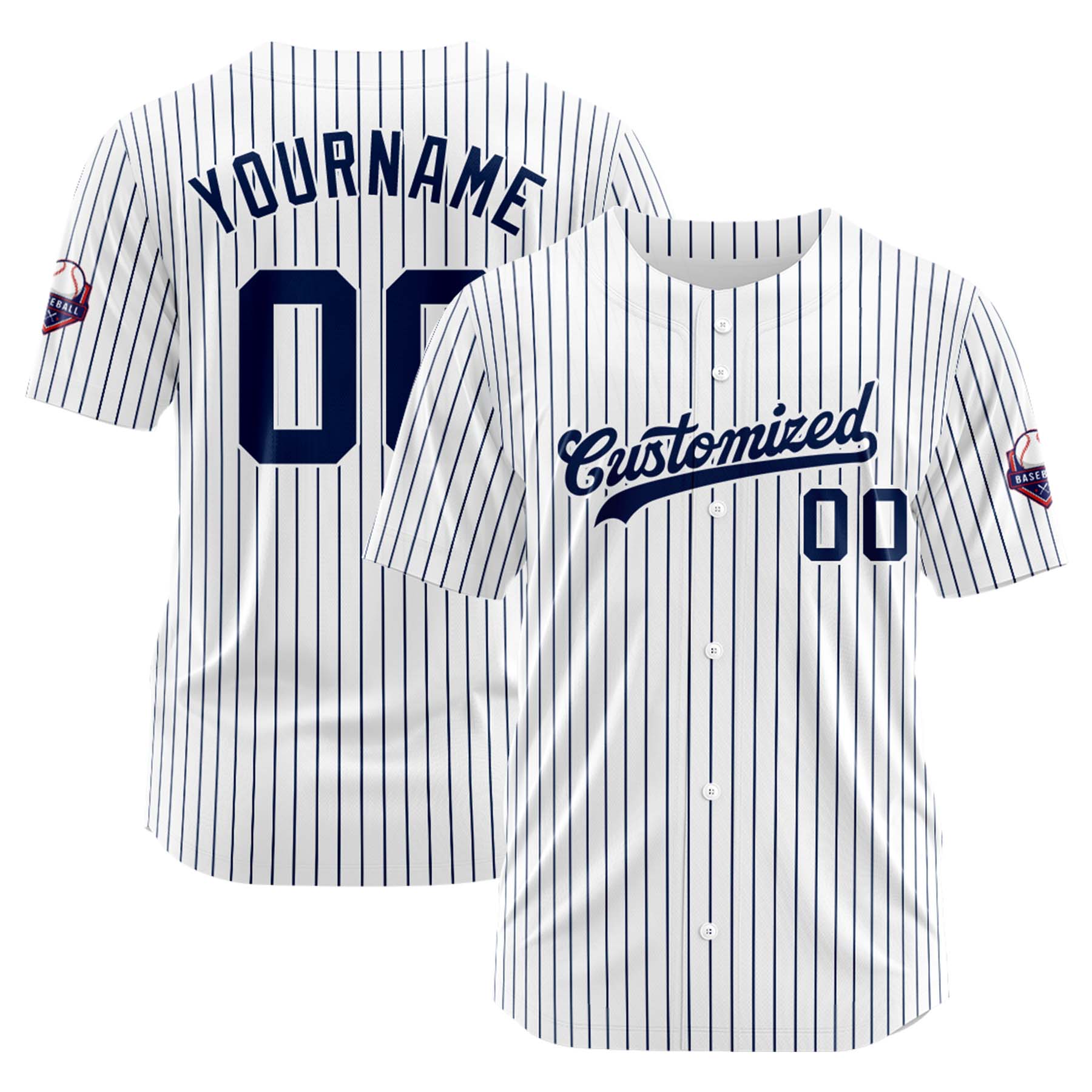 Custom Personalized White Navy Stripe Fashion Design Full Button Authentic Baseball Jersey