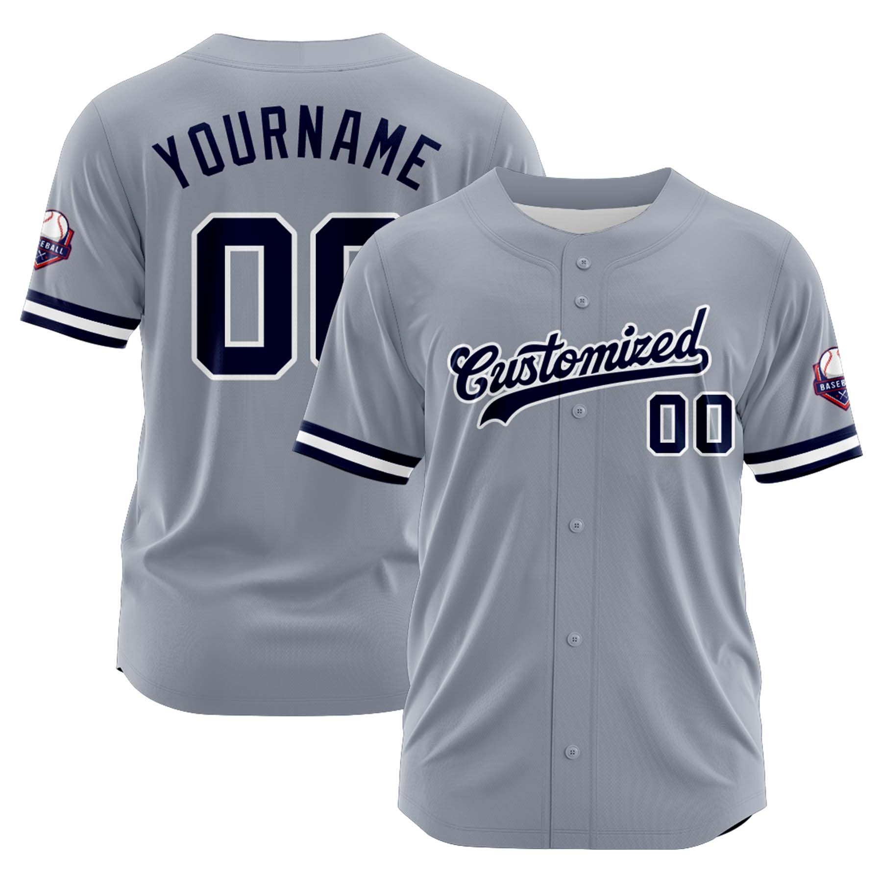 Custom Personalized Gray Navy White Fashion Design Full Button Authentic Baseball Jersey