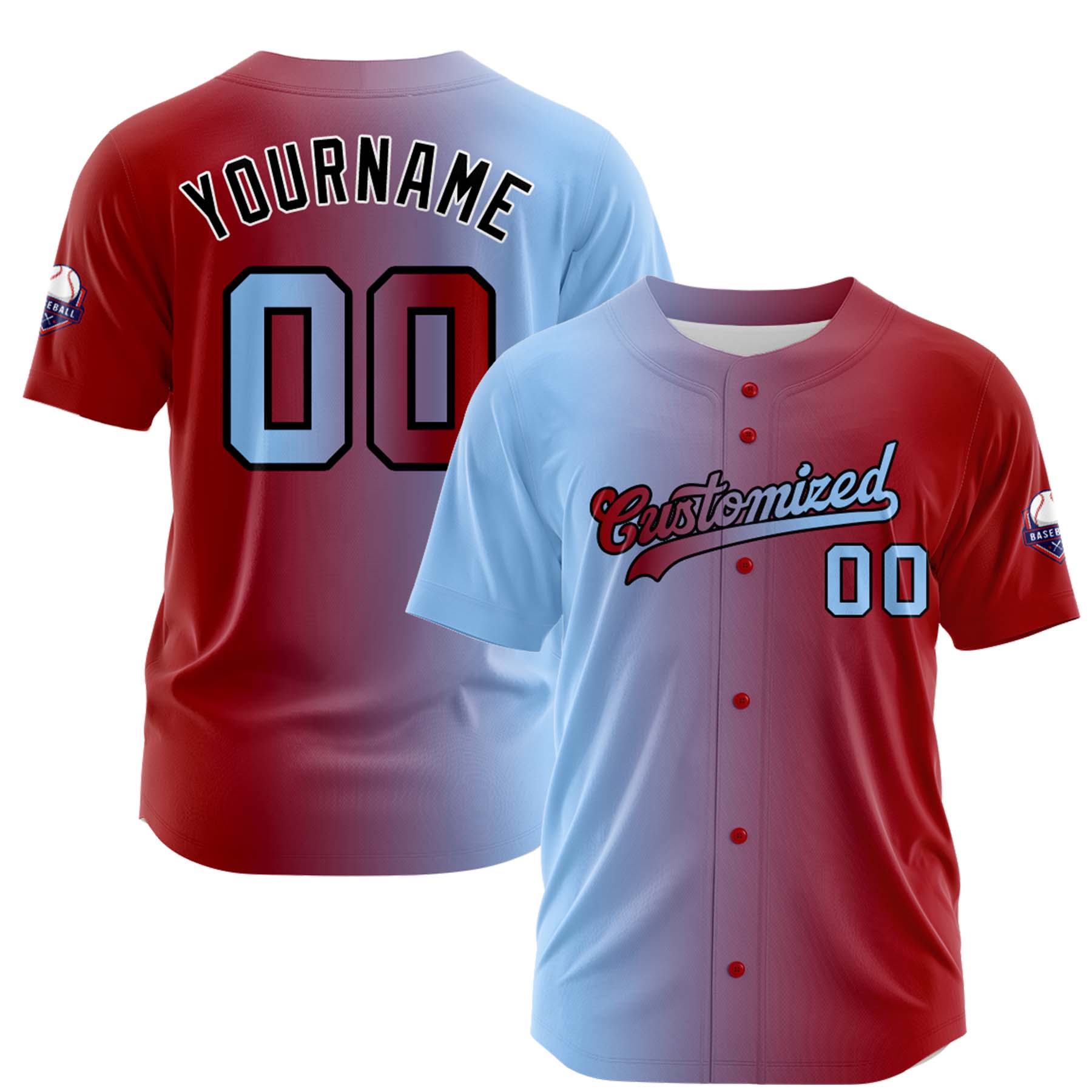 Custom Light Blue Red Gradient Fashion Design Full Button Authentic Baseball Jersey