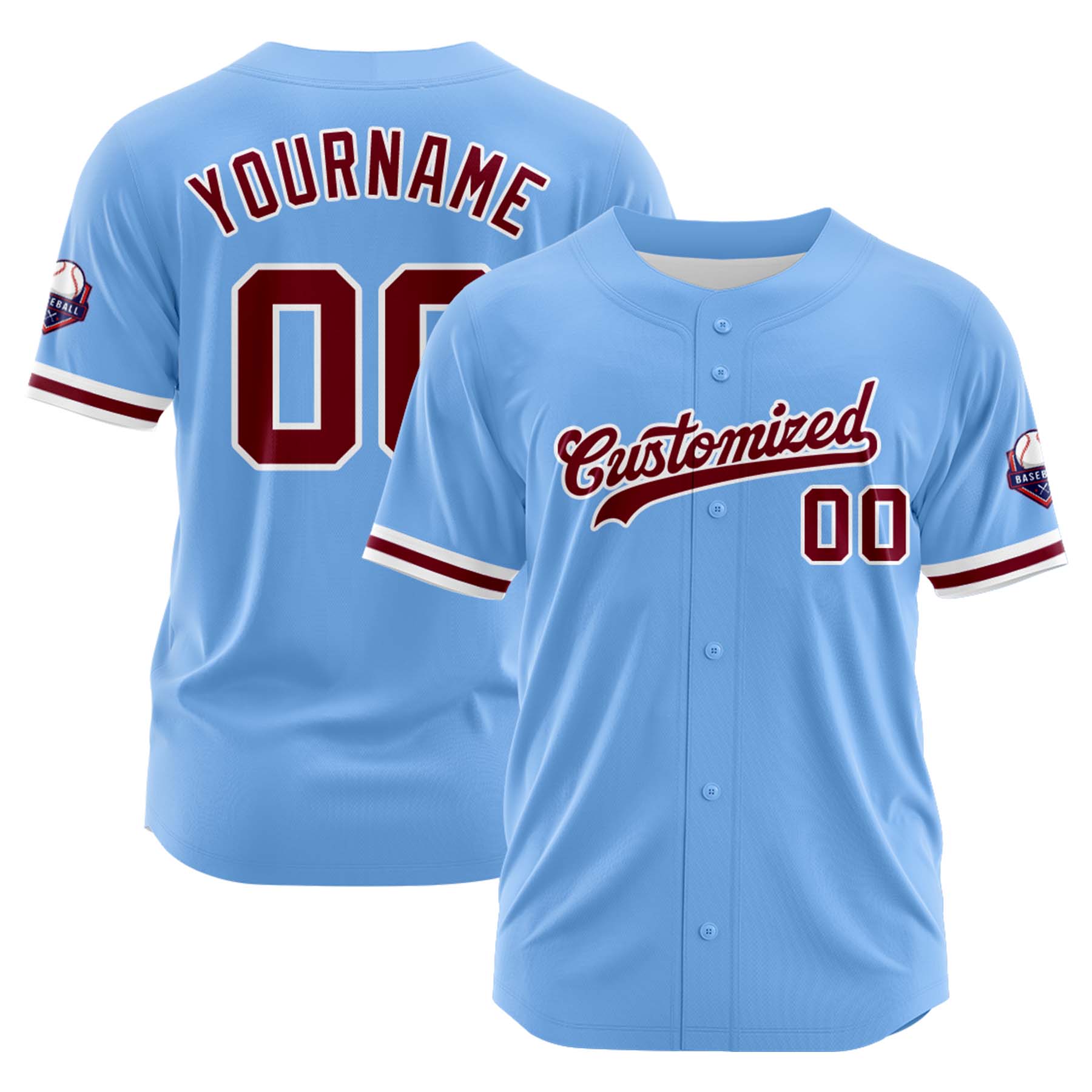 Custom Personalized Light Blue Burgundy Fashion Design Full Button Authentic Baseball Jersey