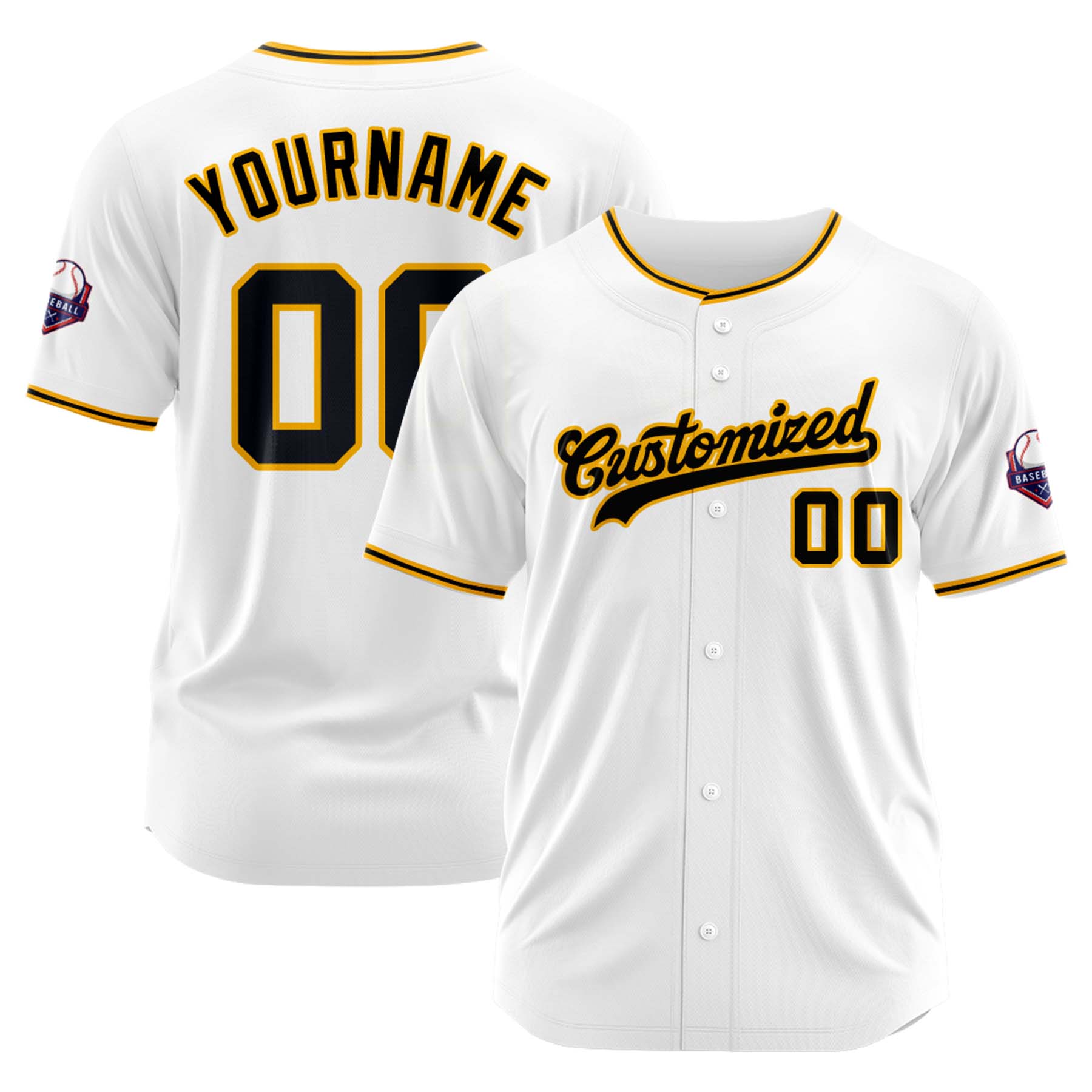 Custom Personalized White Black Yellow Fashion Design Full Button Authentic Baseball Jersey