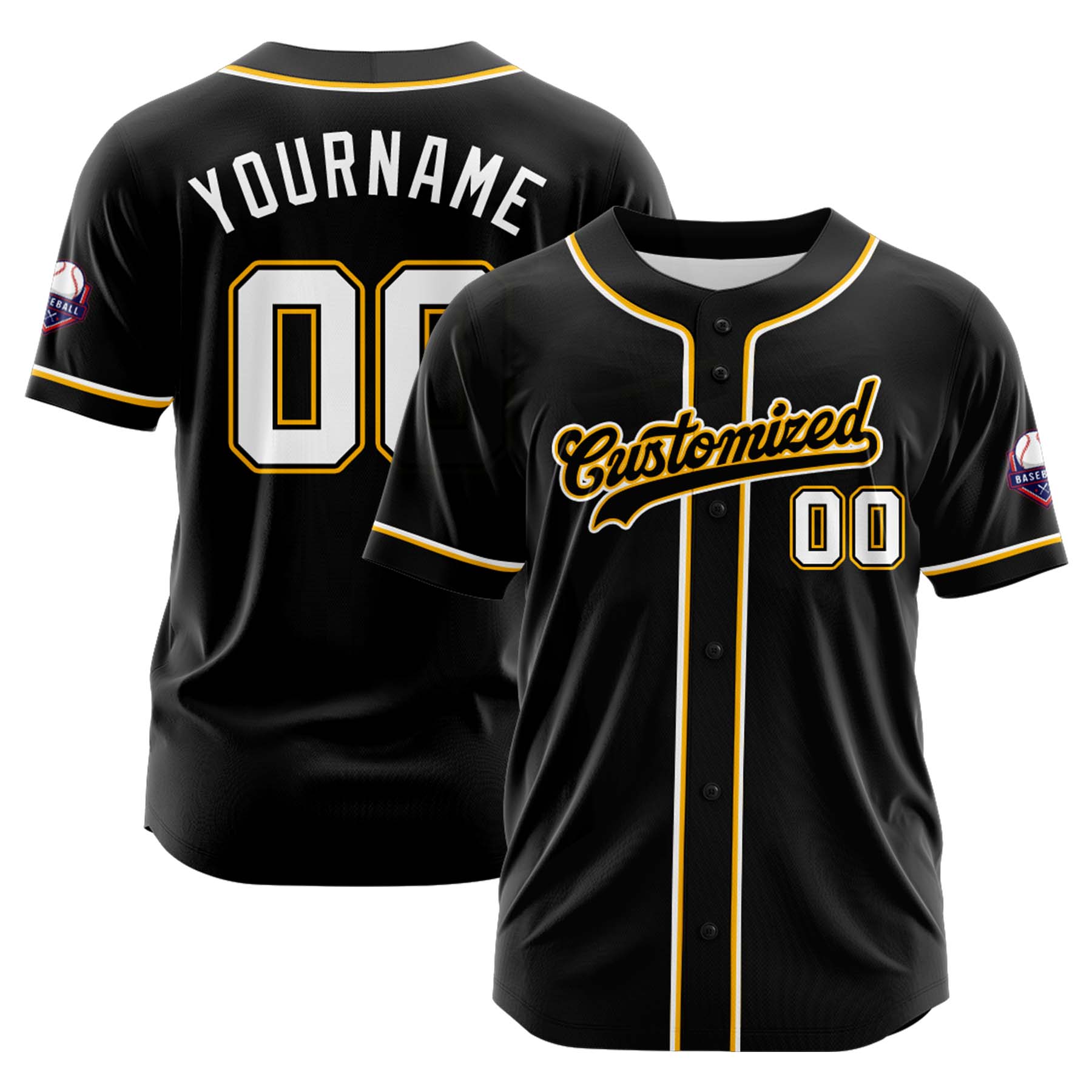 Custom Personalized Black White Yellow Fashion Design Full Button Authentic Baseball Jersey