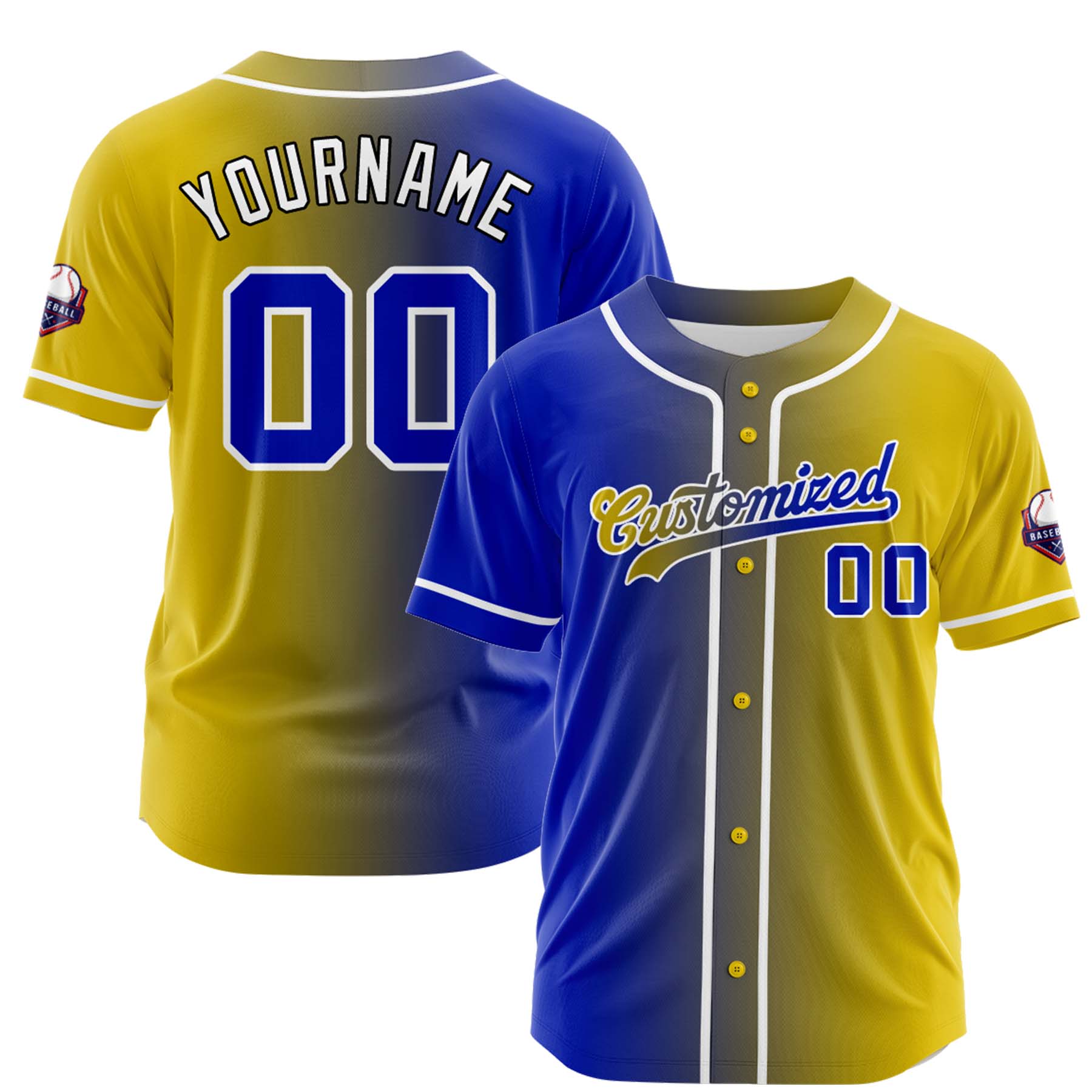 Custom Blue Gold Gradient Fashion Design Full Button Authentic Baseball Jersey